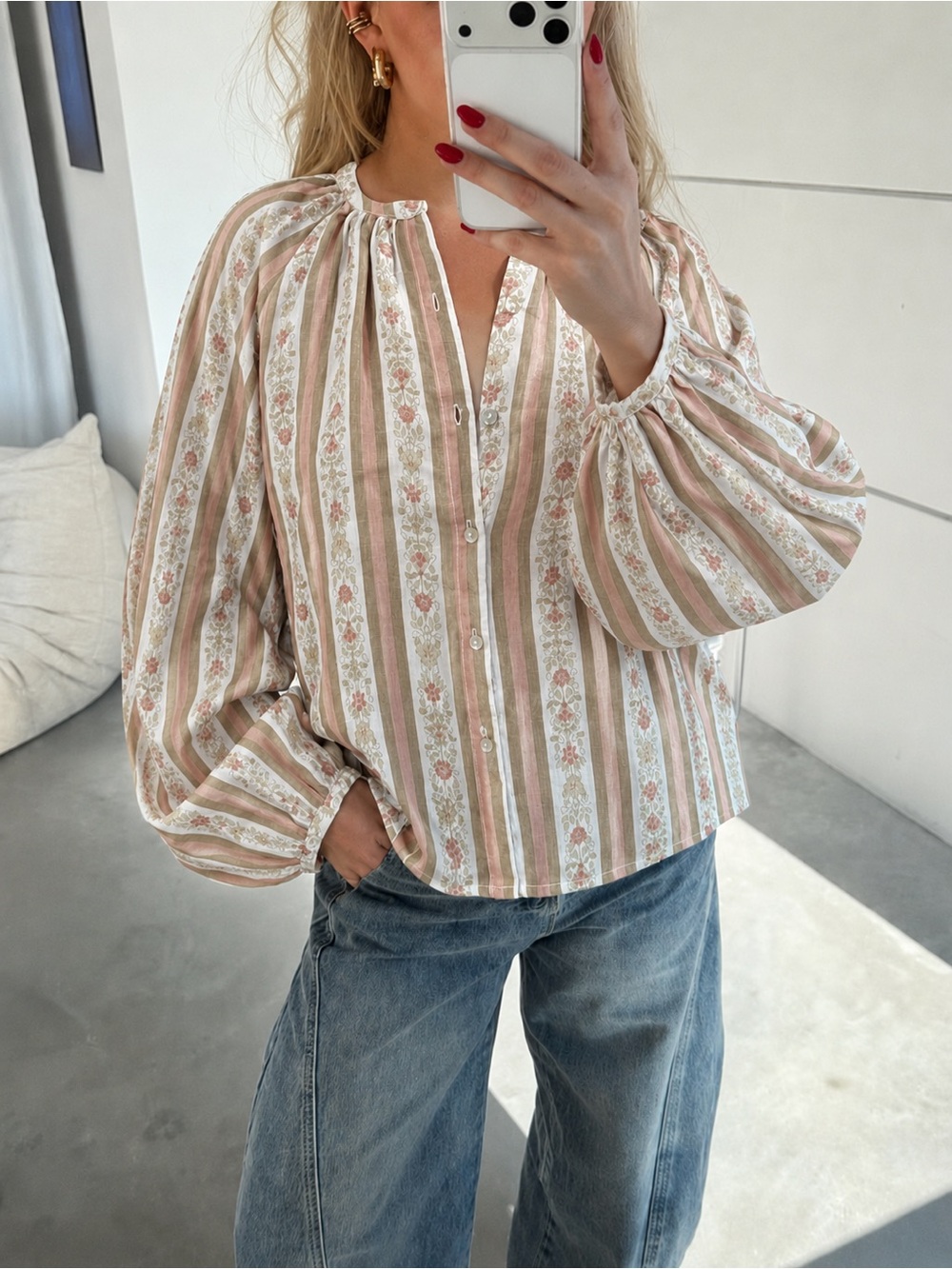 Joie 100% Linen Pink Floral Stripe Balloon Sleeve Peasant Blouse M NWT - Picture 2 of 11